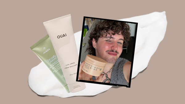 Best Curl Creams A collage of curl cream bottles and a photo of a man holding curl cream