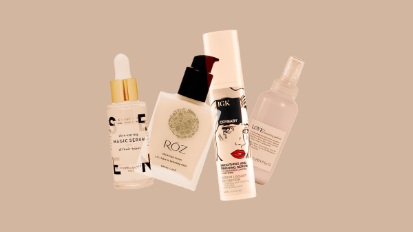 Image contains a collage of hair serums on a beige background